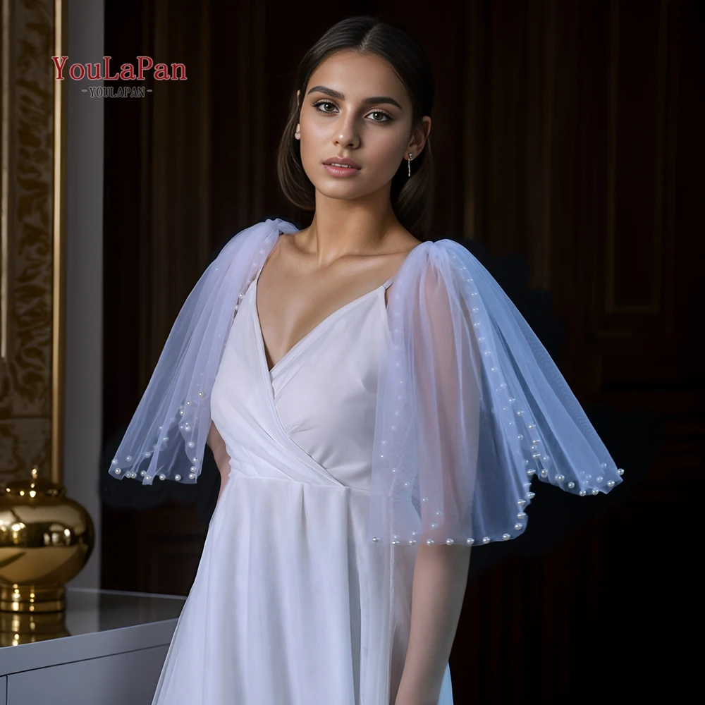 Youlapan Short Pearl Rimmed Tulle Cape Mangas Desmontables Novia Mangas Para Vestido De Novia Sobrepuesta VG40A