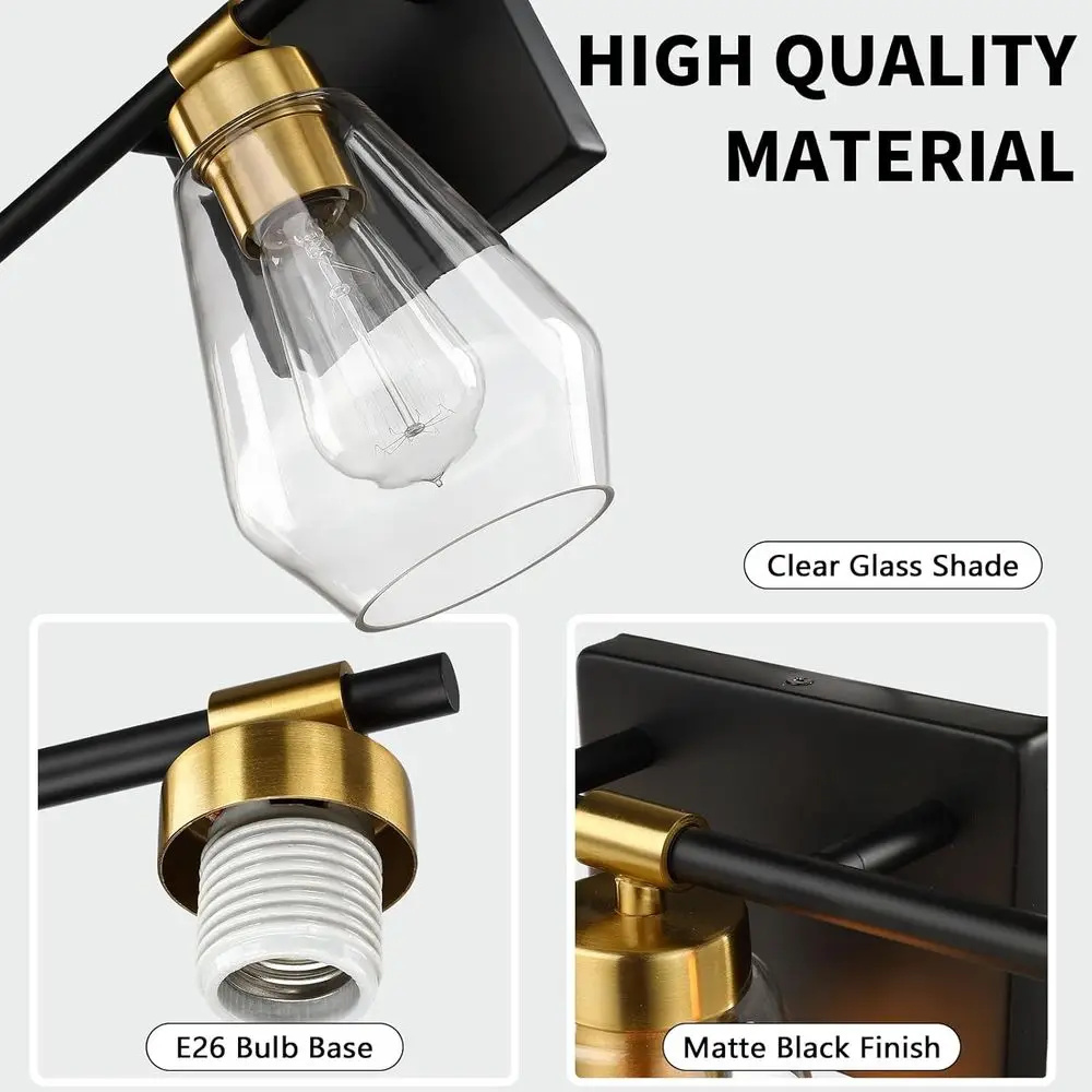 3-световой черный и золотой светильник для туалетного столика с прозрачными стеклянными абажурами для современных зеркал в ванной комнате, подходит для гардеробных, прихожей и