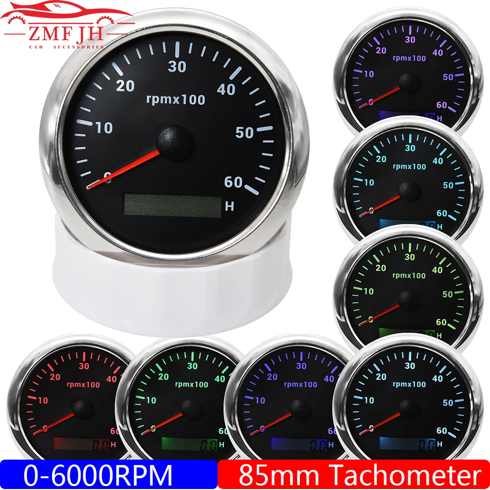 

85MM Tachometer RPM Gauge REV Counter 3000 4000 6000 RPM Meter with Hourmeter 7 Color LED for Diesel Gasoline Engine Vehicle