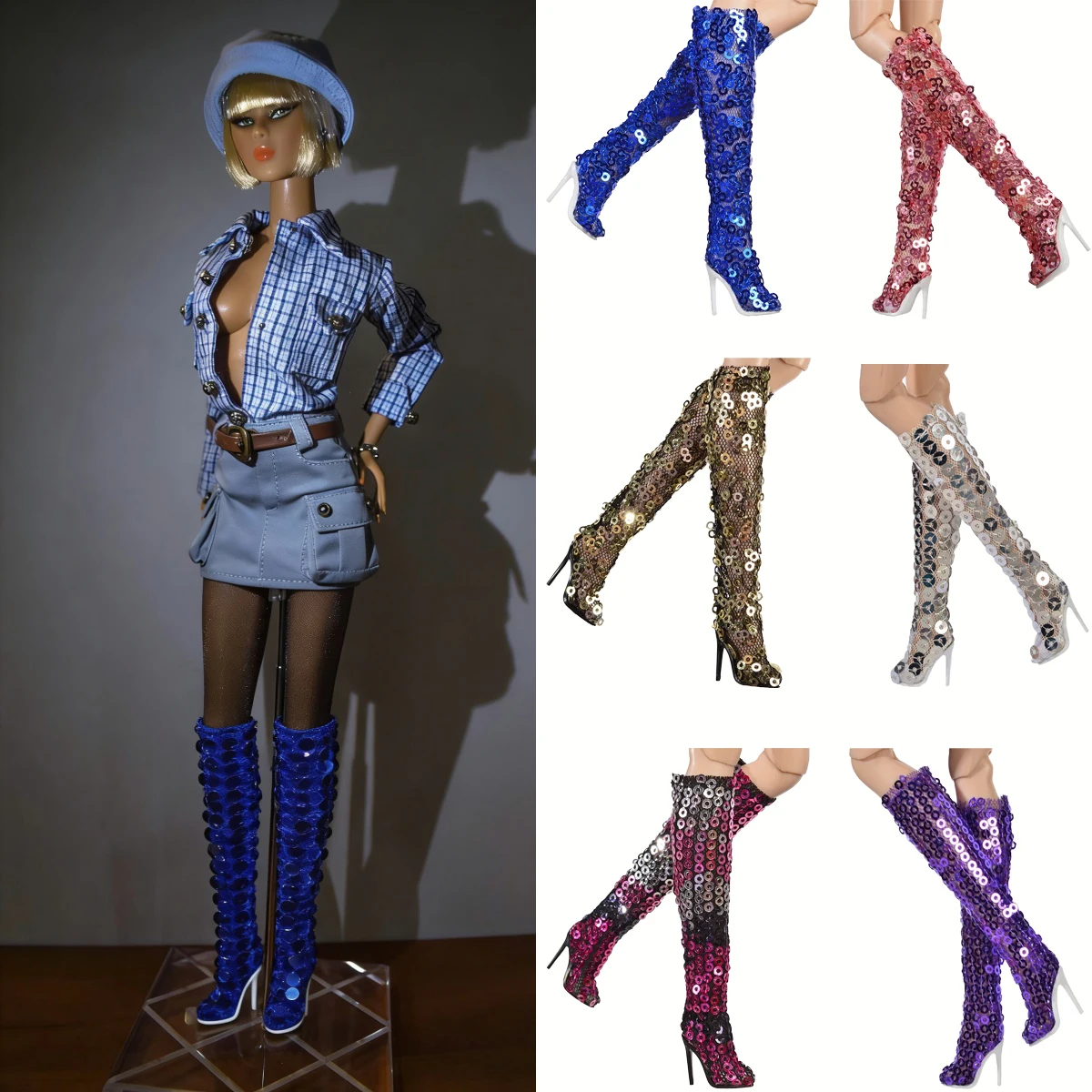 Doll Shoes Parts 1/6 Supermodel Doll Unique Design Lace And Sequin Boots Fashion Long Boots For MUSES Xianxian FR2 Babi Obitsu