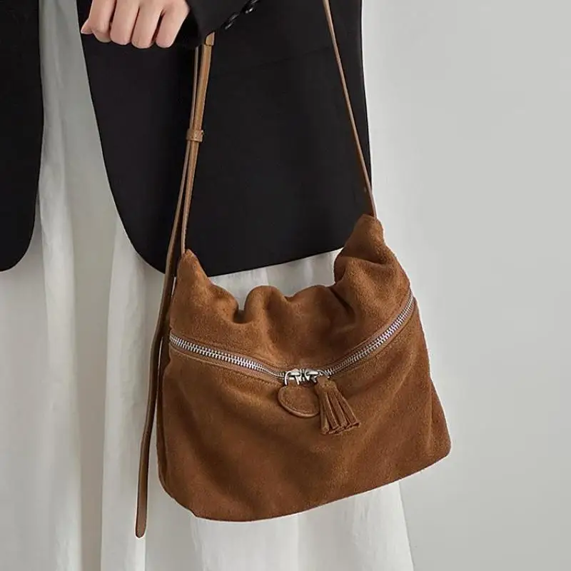 

Женская плиссированная сумка из воловьей кожи в стиле ретро с матовым замшевым верхним слоем, простая универсальная модная сумка на одно плечо из высококачественной натуральной кожи