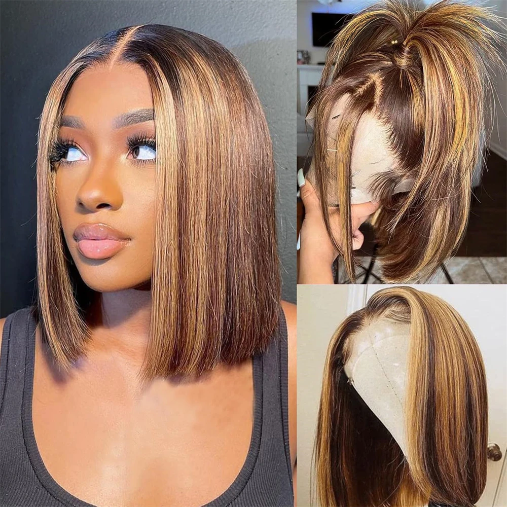 Ombre Highlight Wig Human Hair Bob Wig Short Bone Straight Bob Wig 13x4 Lace Frontal Human Hair Wigs Cheap Wig On Clearance Sale