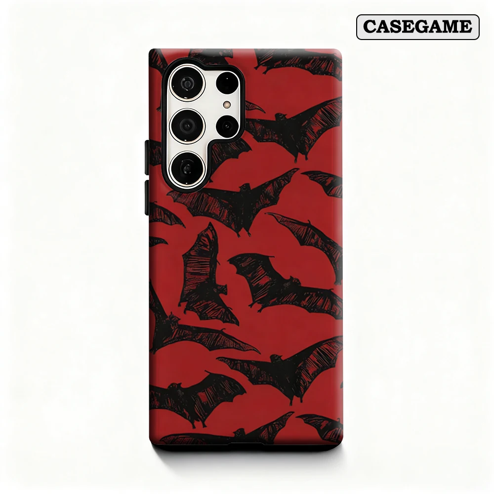 Casegame Phone Case for Samsung Galaxy S26 S25 Ultra S24 S23 Plus Shockproof Double Layer Back Red Black Bat Silhouette Cover