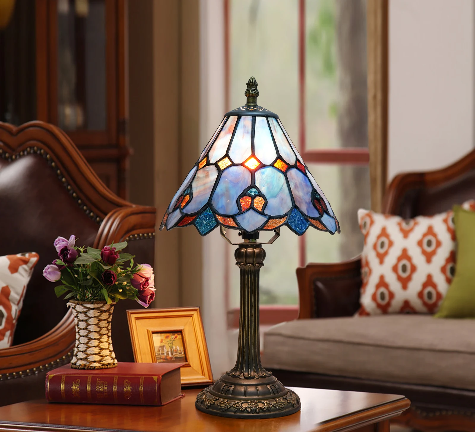 Baroque Style Stained Glass Table Lamp Night Light with 8 Inch Wide Blue Lampshade for Bedside Bedroom Living Room