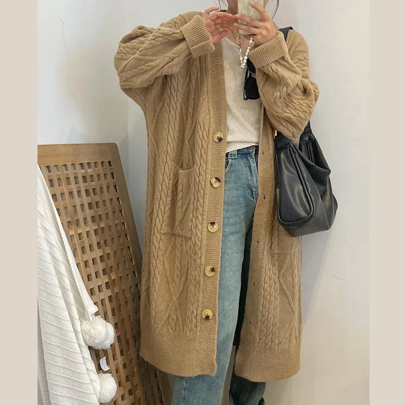 Autumn and Winter New Mid-Length Long-Sleeved Knitted Cardigan Sweater Coat Lazy and Loose Slimming Sweater Top Women