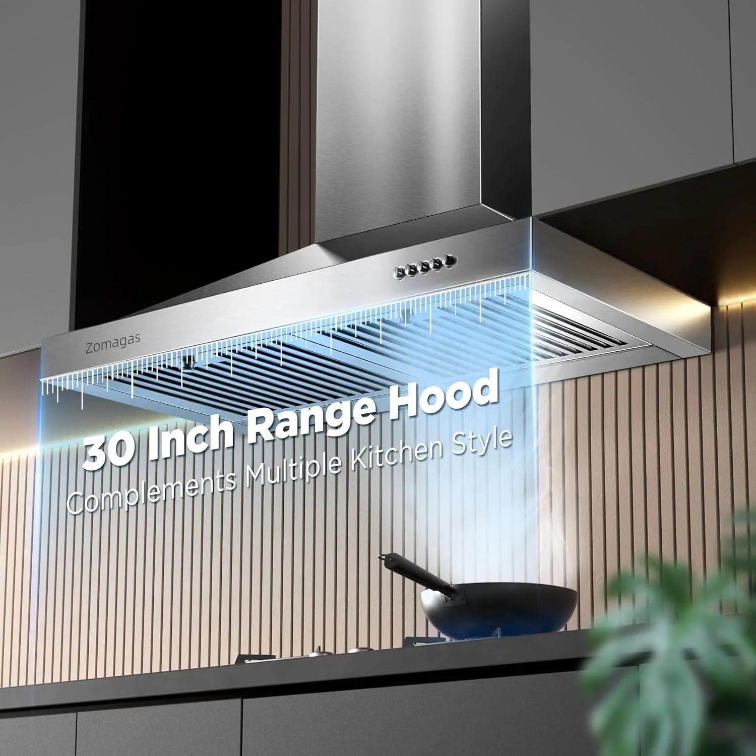 Wall Mount Vent Hood in Stainless Steel, /Ductless Convertible Duct, Kitchen Hood w/Baffle Filters,