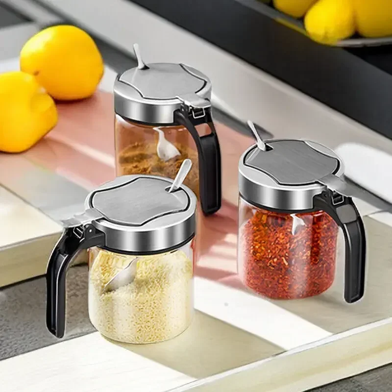 300ml Glass Seasoning Jar Stainless Steel Lid With Spoon Condiment Bottle Salt Shaker Kitchen Supplies Storage Set Spice Boxes