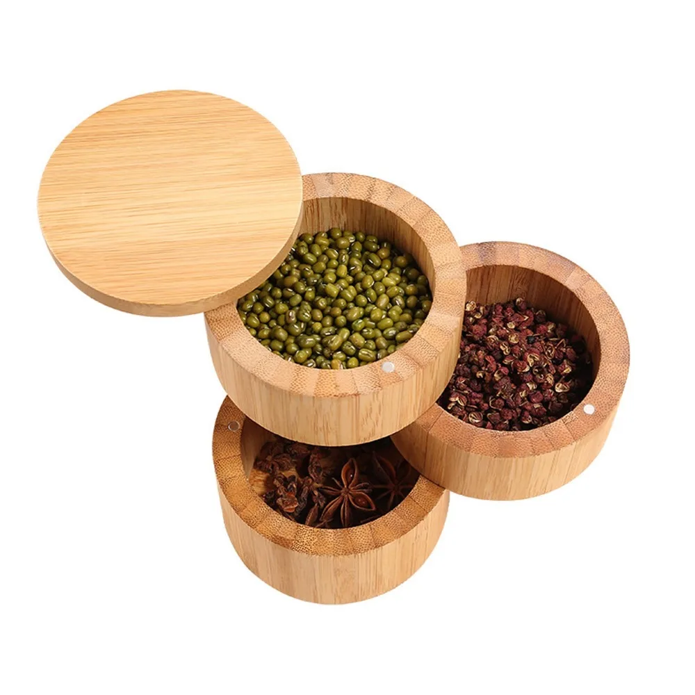 Portable 3 Tier Salt Cellar Wooden With Lid Spice Organizer 3.4x5.0in Salt Box Countertop