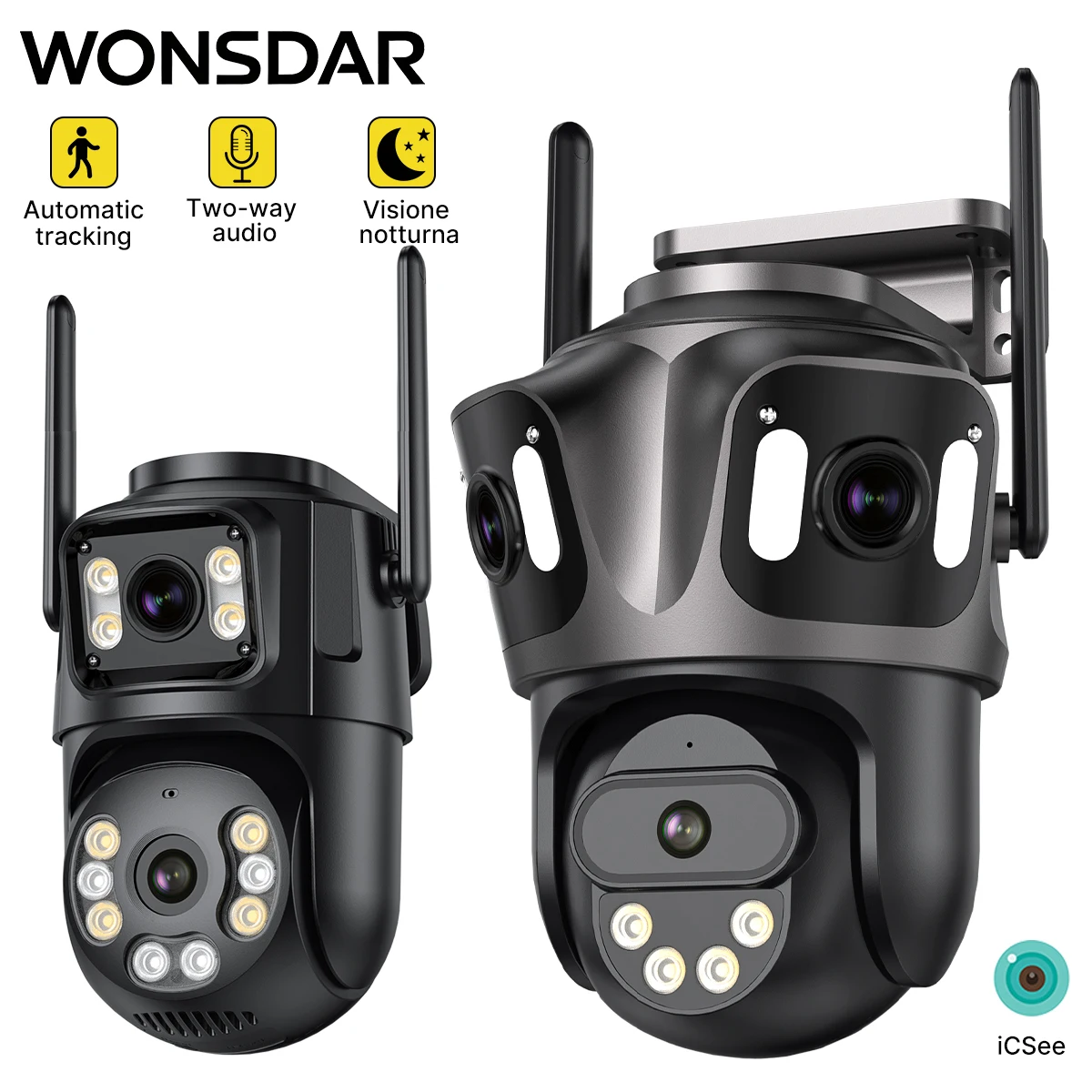WONSDAR 3-obiektywowa, 3-ekranowa kamera IP WIFI, 2-obiektywowa, 2-ekranowa kamera PTZ z funkcją wykrywania ludzi, wodoodporna IP66, monitoring wideo CCTV, ICsee