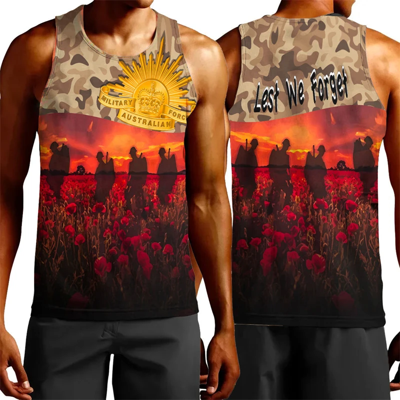 

Anzac Day 3D Printed Tank Top For Men Clothes Lest We Forget Australia New Zealand Hero Vest Remember Flower Waistcoat Boy Tops