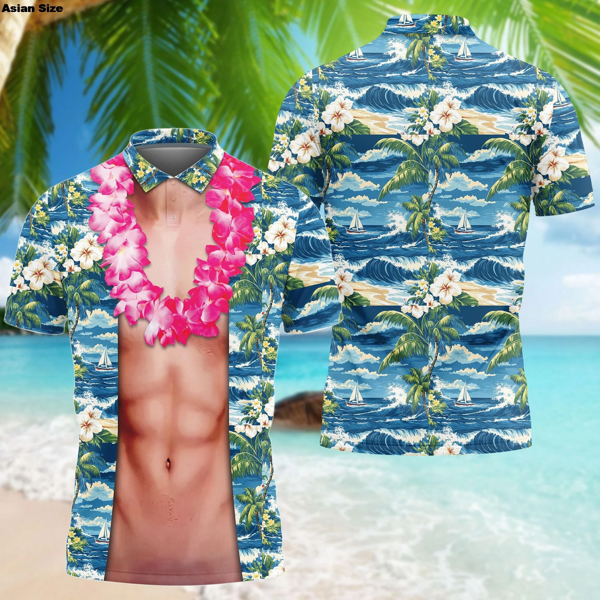 هاواي الصيف قمصان بولو للرجال 3D العضلات الصدر قصيرة الأكمام العادية تناسب قمصان بولو للرجال النساء سلسلة مضحك تصميم الملابس