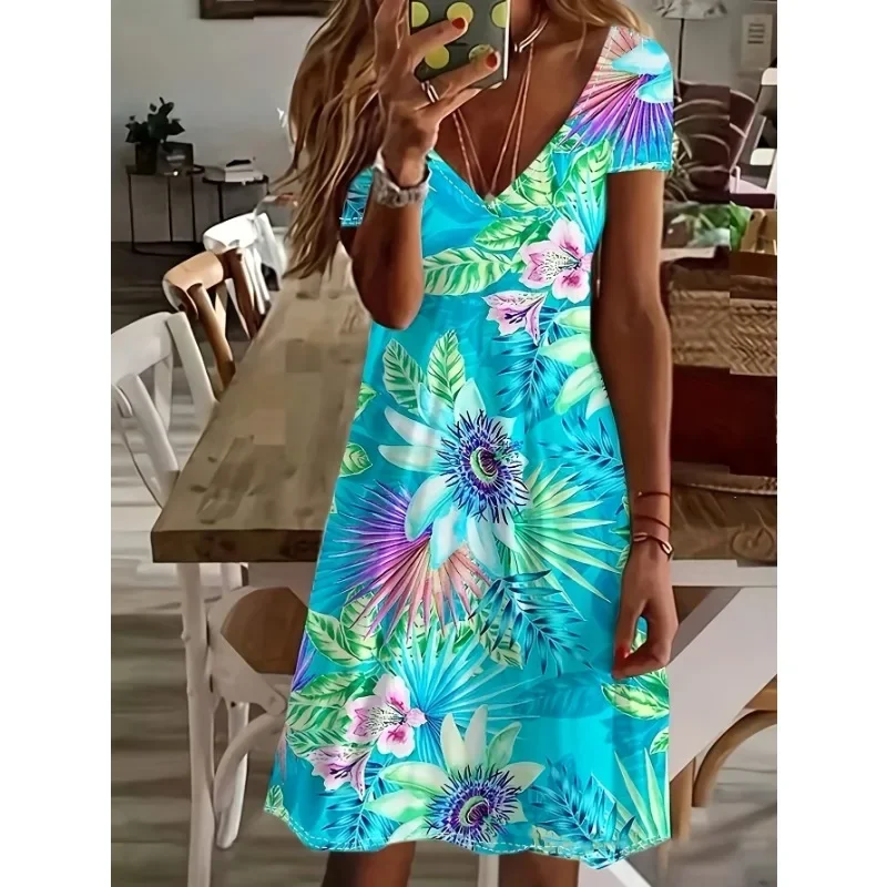 

Plus Size 1XL-5XL New Summer Women's Casual Dress Print V-neck Dresses Fashion Short Sleeved Medium Length Vestido