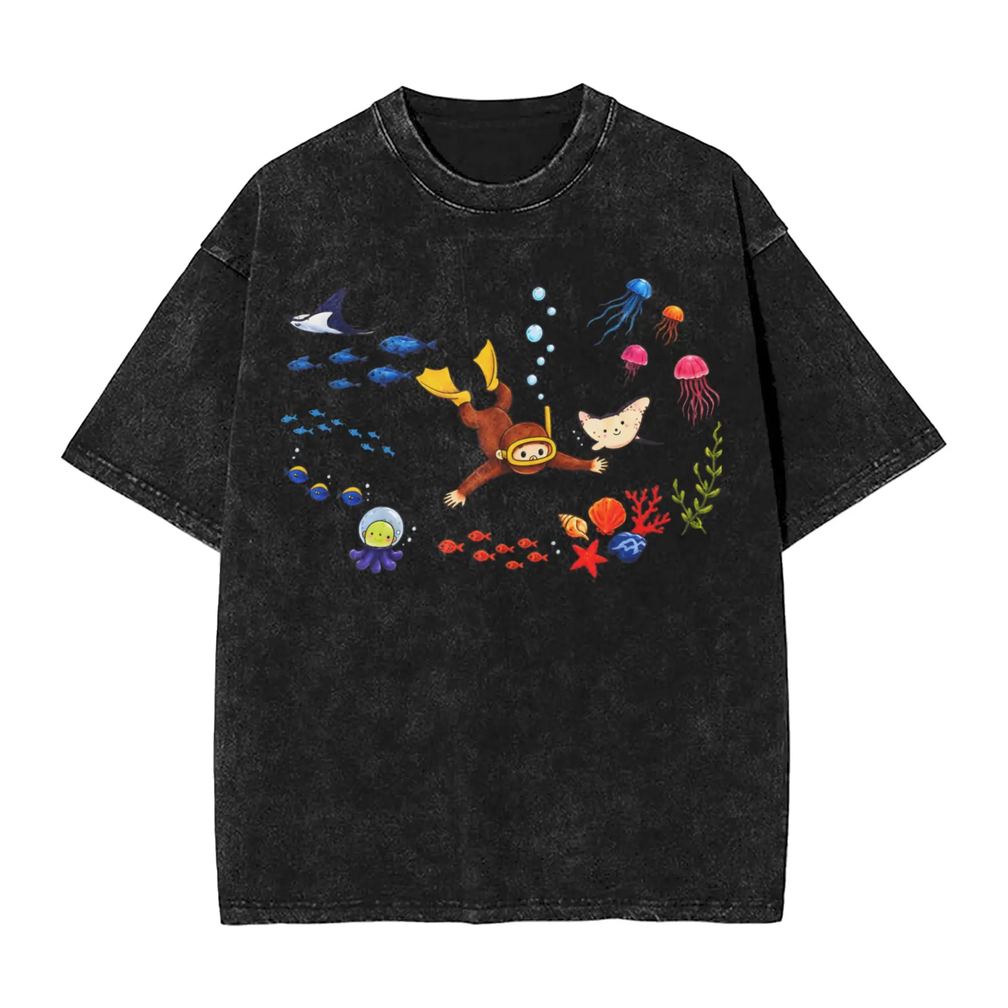 Curious George Underwater Monkey  Merch Washed T Shirts Men Women Streetwear Hip Hop T-Shirts Graphic Printed  Tee Shirt