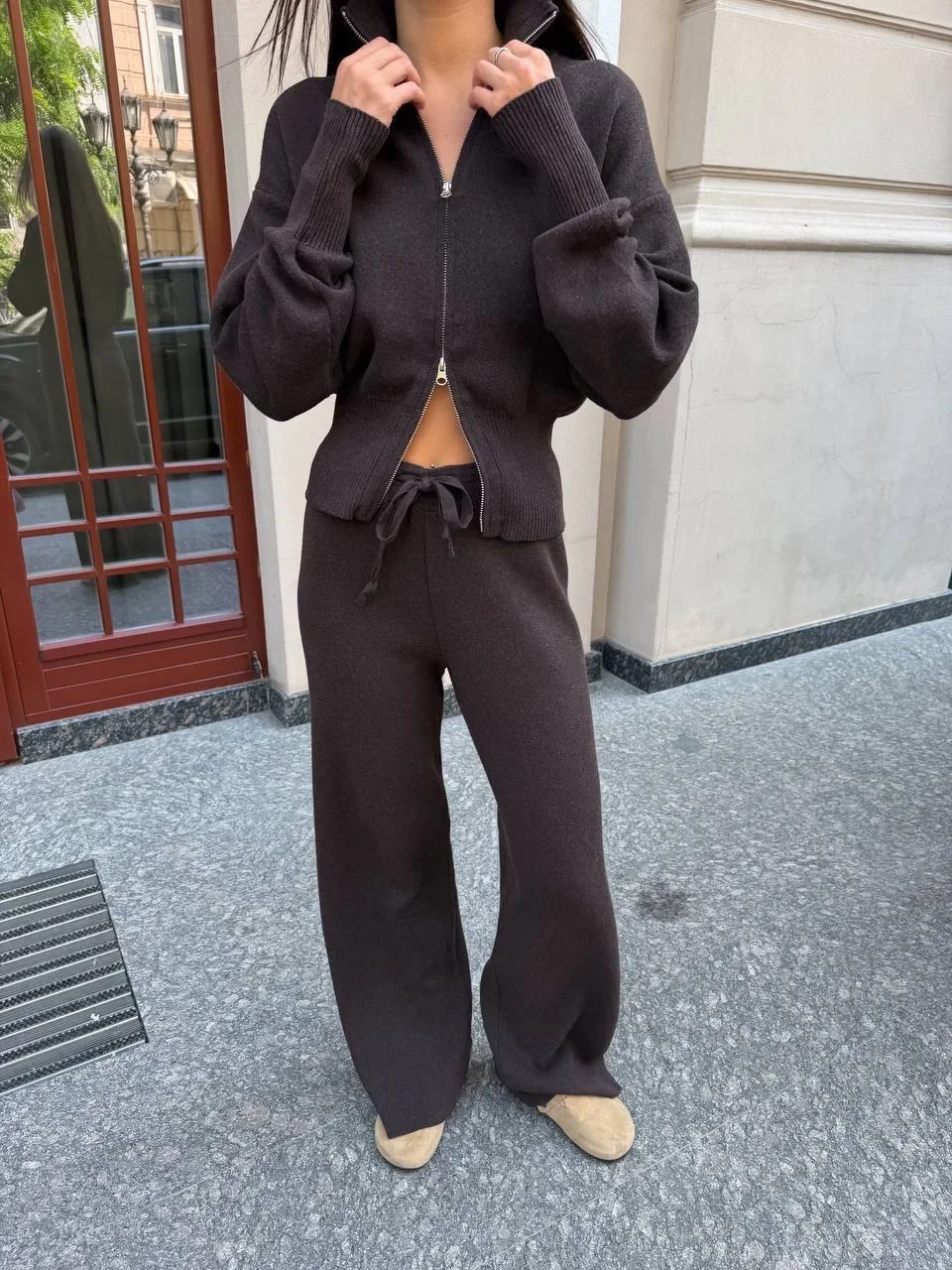 Solid Color Zipper Waist Cinching Casual Set Knitted Top Drawstring Straight Leg Pants 2-piece Sets 2026 Autumn Lady Daily Wear