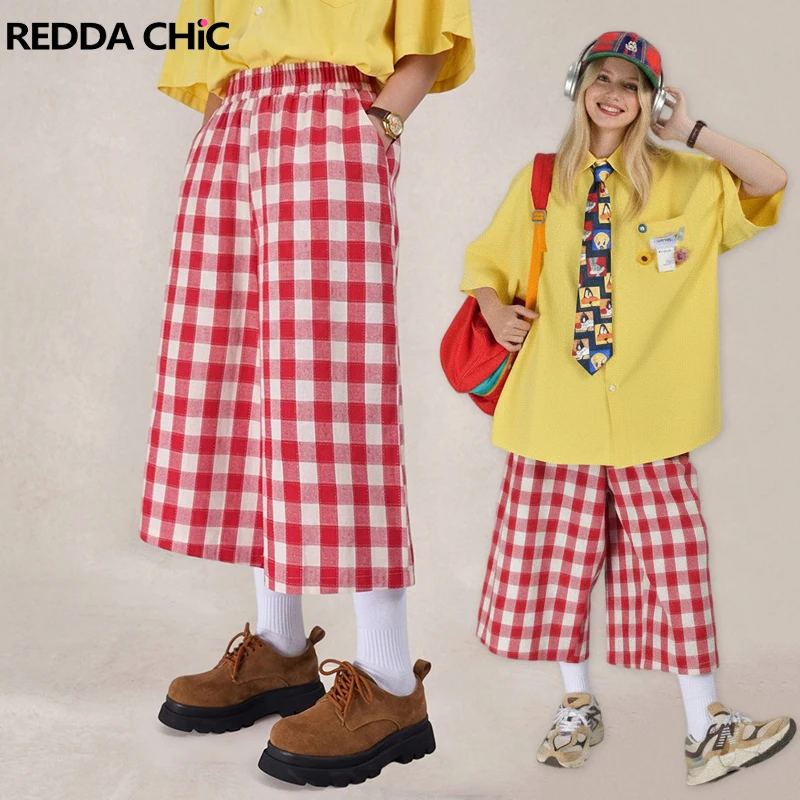 

Женские брюки-капри REDDACHiC в клетку, унисекс, оверсайз, с эластичной талией, карманами, свободные, в клетку, для отдыха, летняя одежда