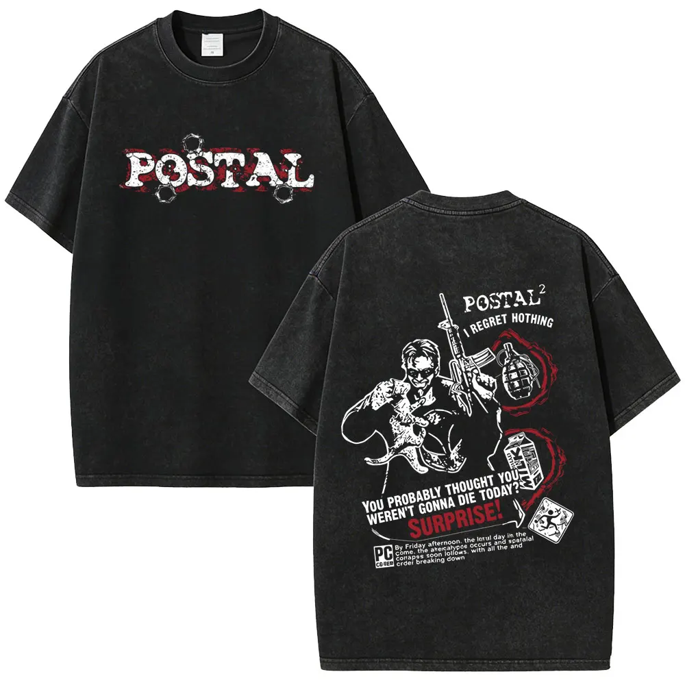 Postal Dude I Regret Nothing Vintage Washed T-shirt Men Women Horror Gothic Rock T Shirts Men's Casual Retro Oversized T-shirts