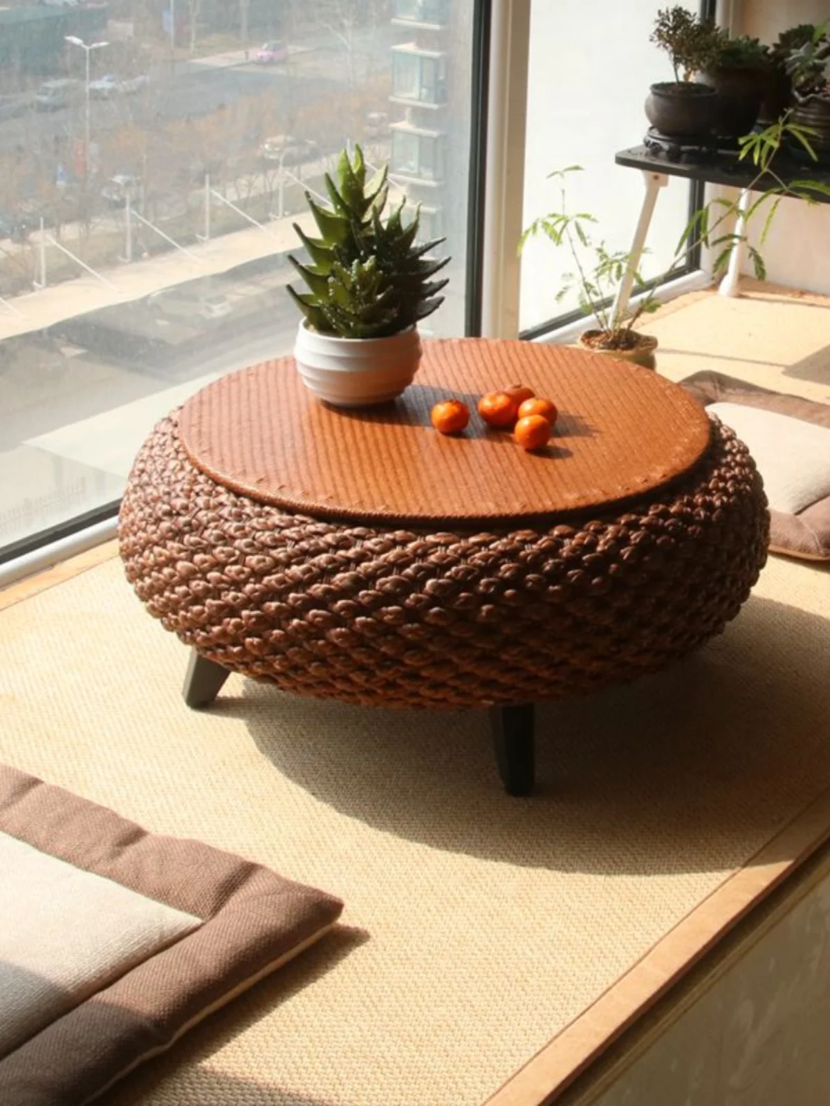 Simple rattan round table balcony living room bay window table small coffee table