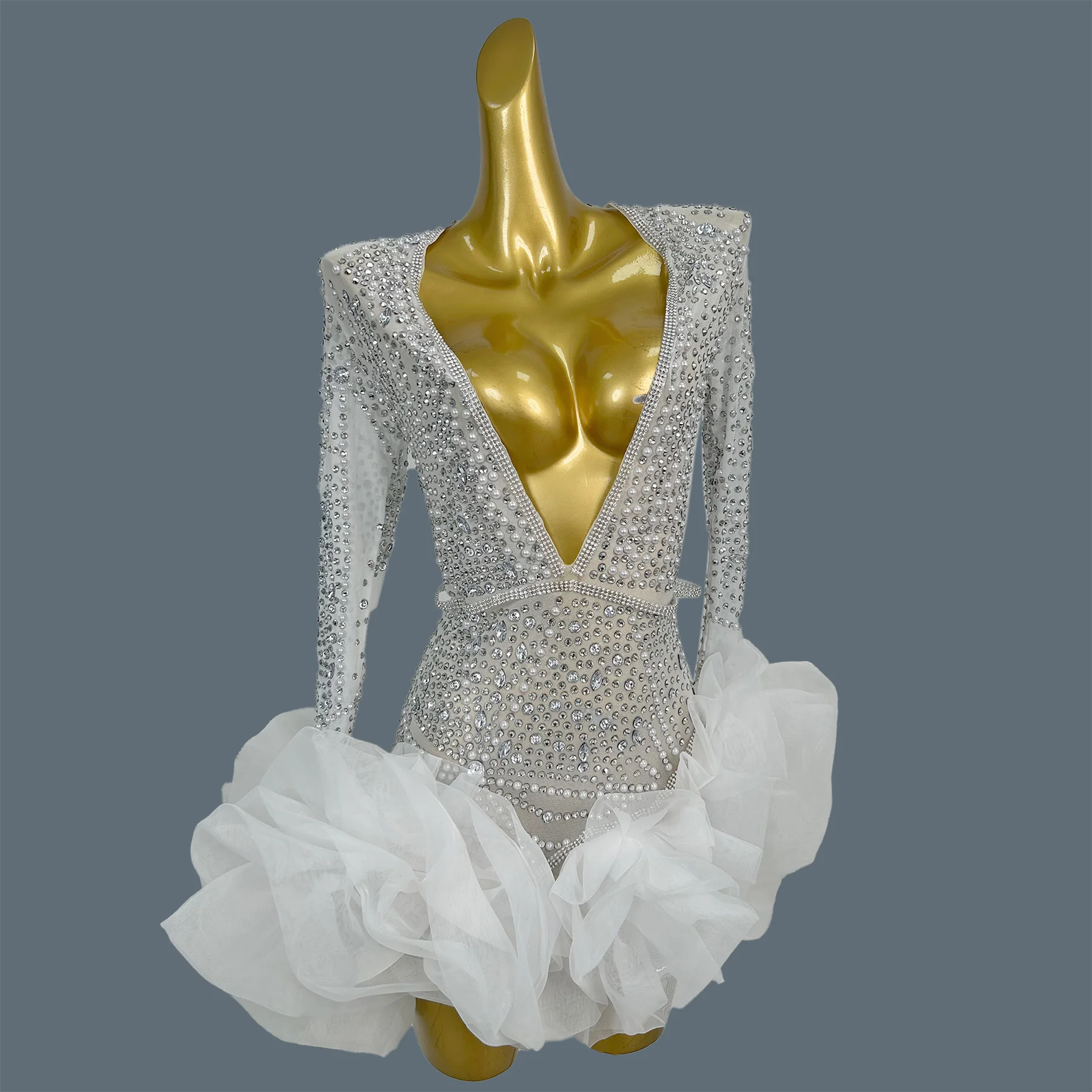 

Sparkly Rhinestone White Pearls tutu Dress Sexy Women Deep V Neck Mini Dress Dance Show Night Club Party Dress-up Outfit Babi