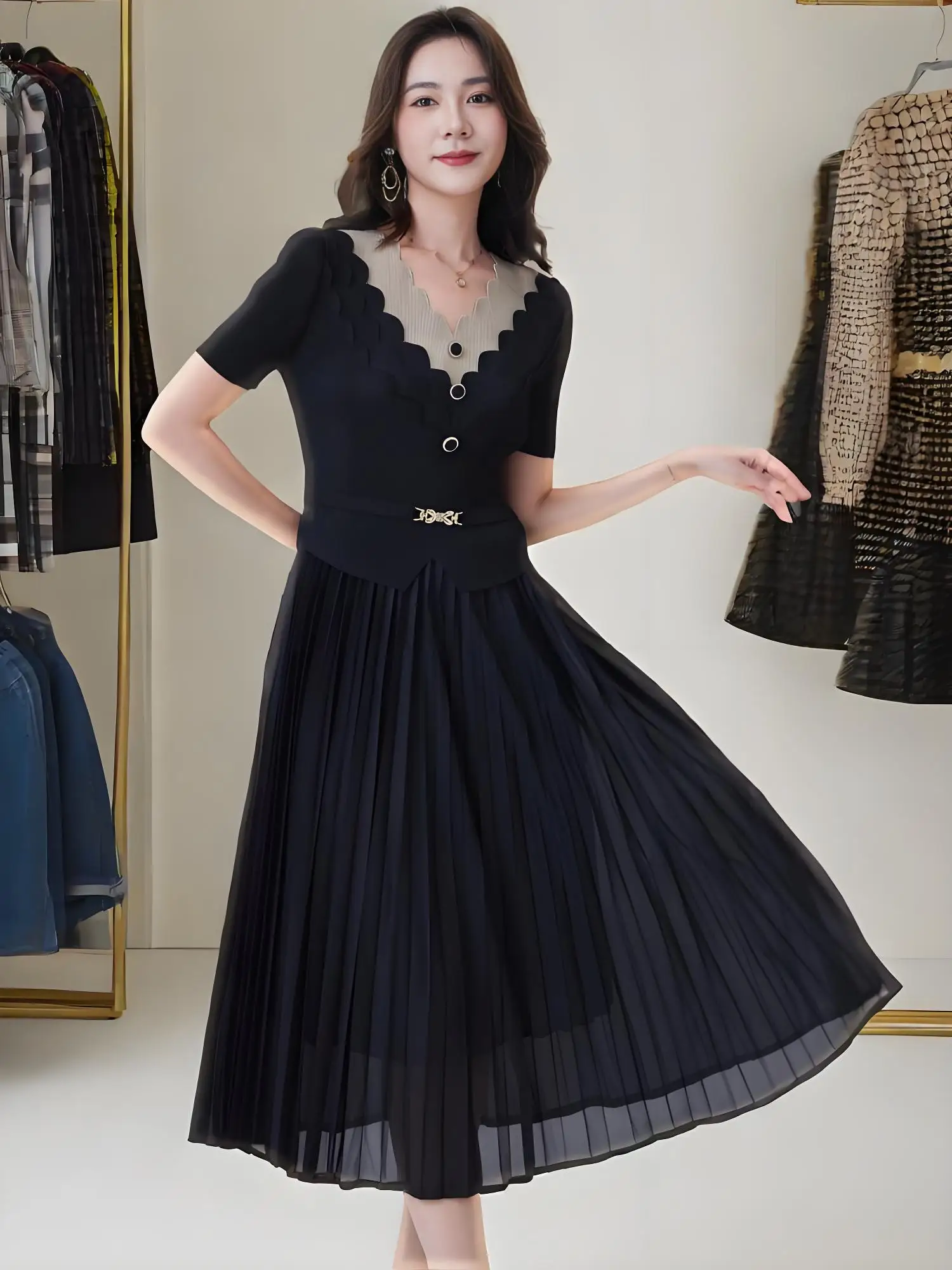 

Miyake Pleated 2025 Spring and Summer New Fashion Loose Casual Pressed Pleated Skirt Splicing Pleated Waist Thin Magic Dress