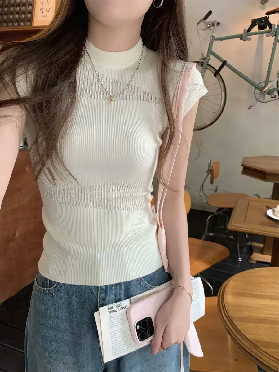 

Slimming Effect Korean Sle Hollow out Knitted ort Sve T-irt Sweet And Spicy oulder ow Slim Base Top for Women