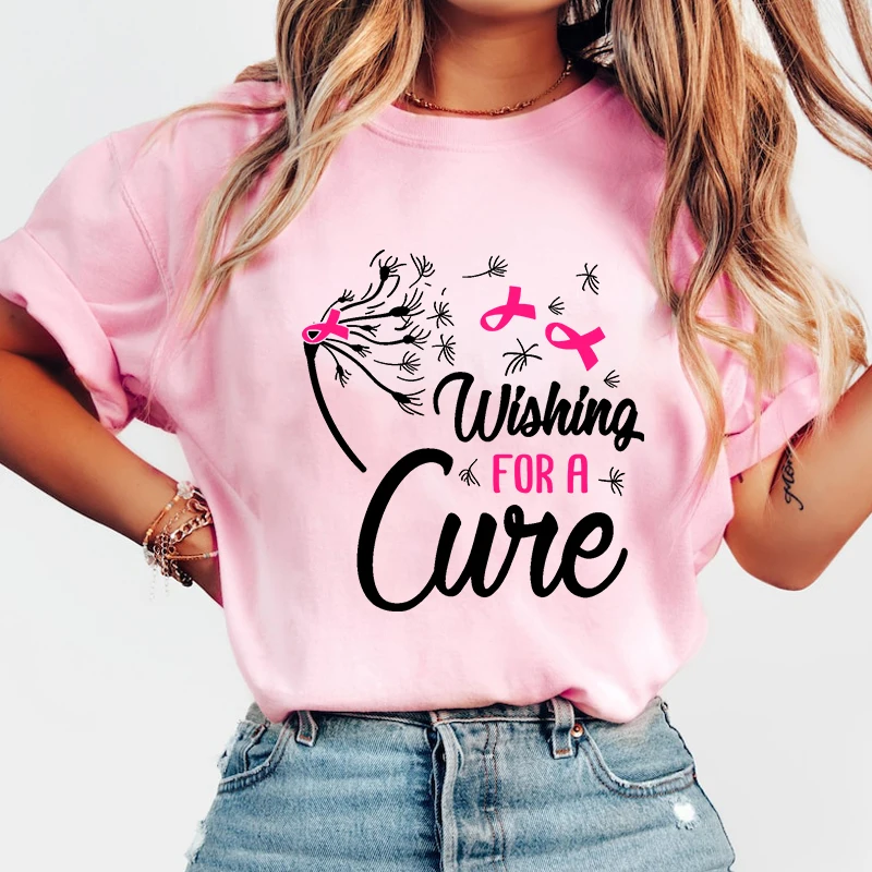 

New Breast Cancer Awareness Wishing For A Cure Printed T Shirt Women Men Teens Fashion Hip Hop Harajuku Casual Short Sleeve Tops