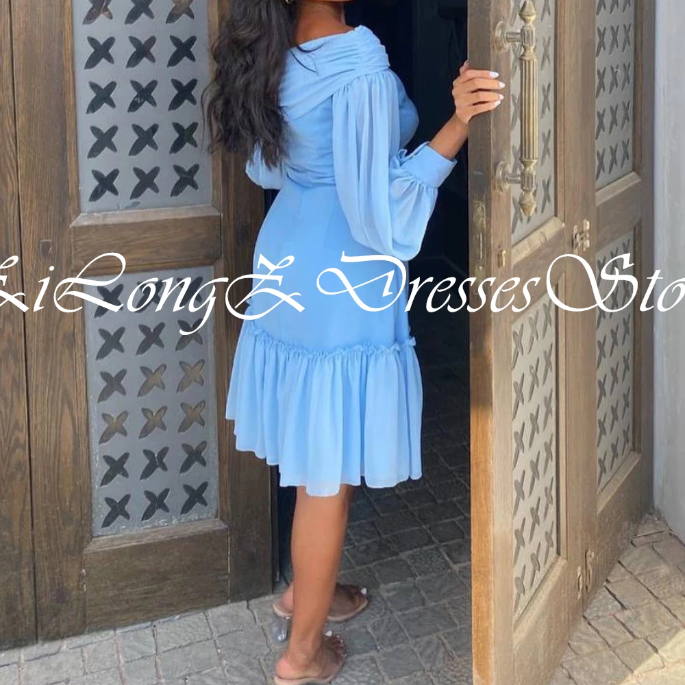 Saudi Dresses For Formal Occasions Knee Length Solid Color Off the Shoulder Straight Pleats Chiffon V-Neck Bridesmaid Gowns