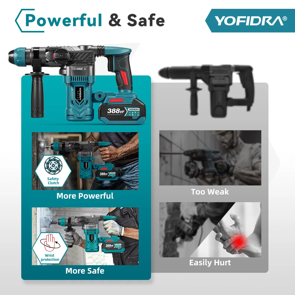 YOFIDRA Multifunktionaler 26MM Bürstenloser Elektrischer Schlagbohrer, Kabelloser Rotations-Schlagbohrer für Makita 21V Akku – Detail 3
