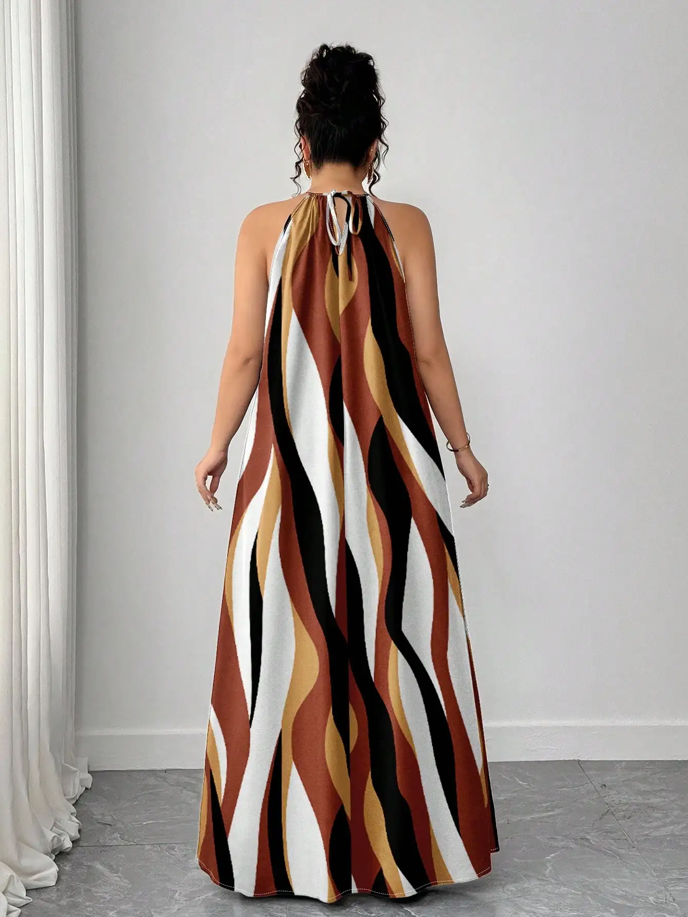 

Plus Size Women Halter Loose Striped Digital Print Maxi Dress Summer Sundress