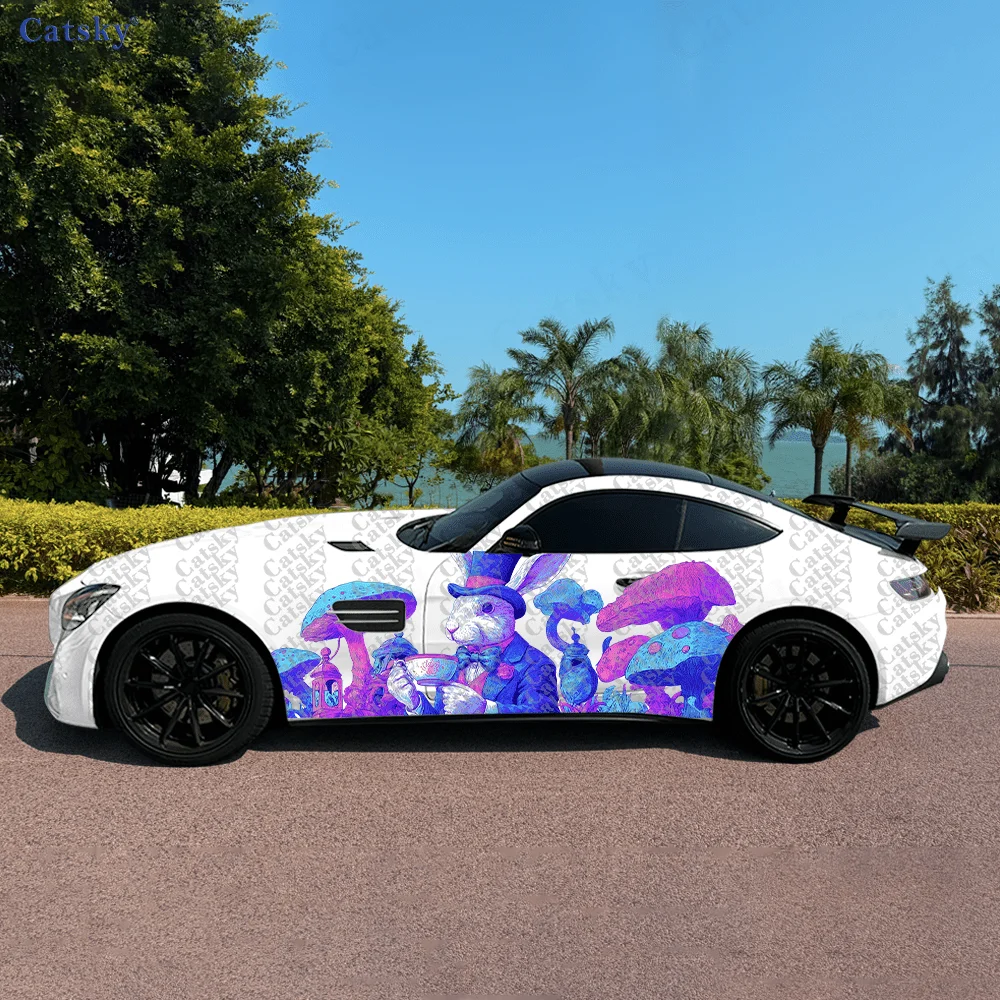 

2pcs Neon Mushroom Rabbit Car Vinyl Wrap, PVC Material Waterproof Side Car Sticker, Self-Adhesive Scratch-Resistant Stickers