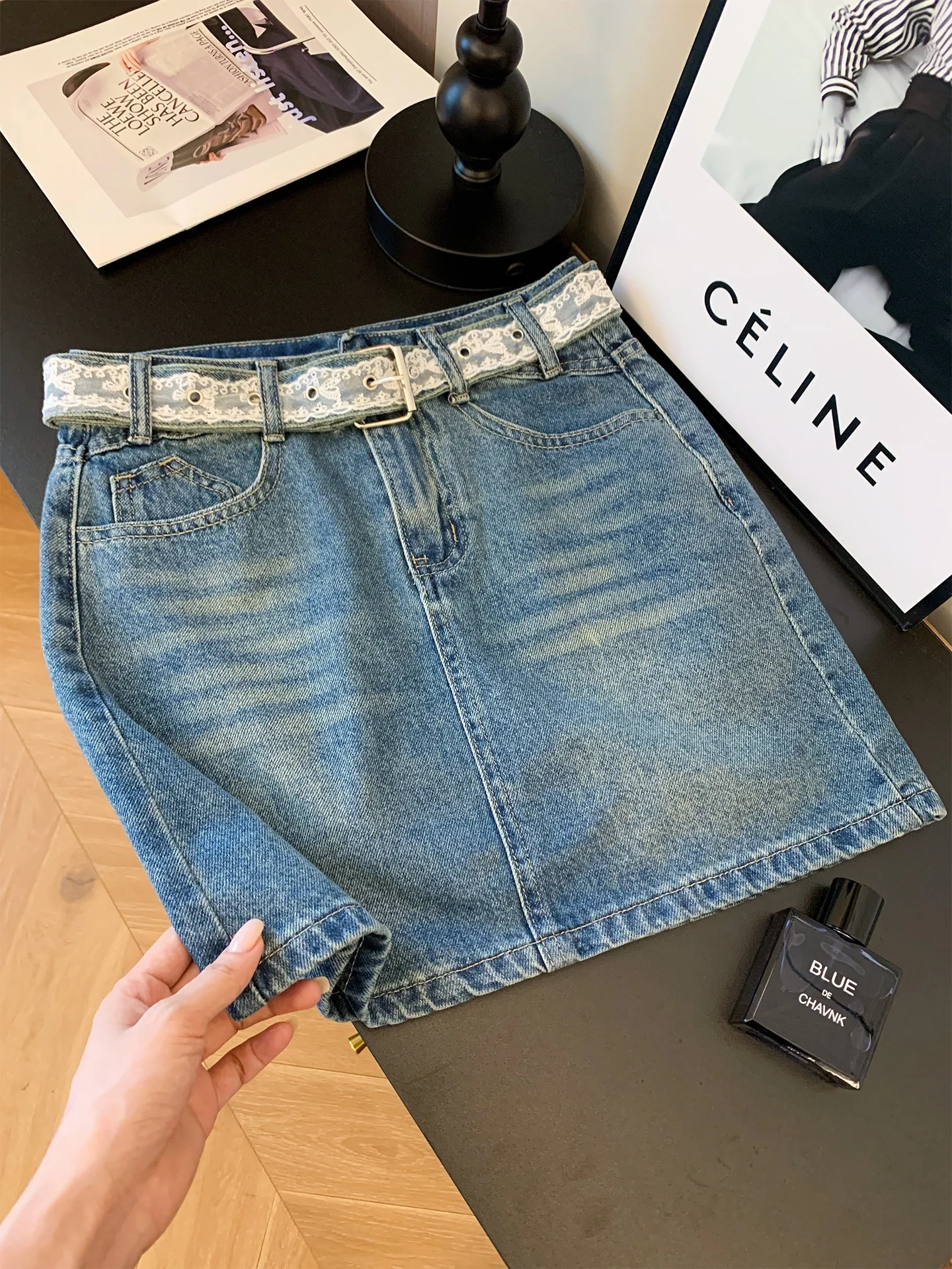 

Синяя джинсовая юбка с высокой талией, женская летняя короткая юбка А-силуэта с поясом, стильная повседневная юбка для города