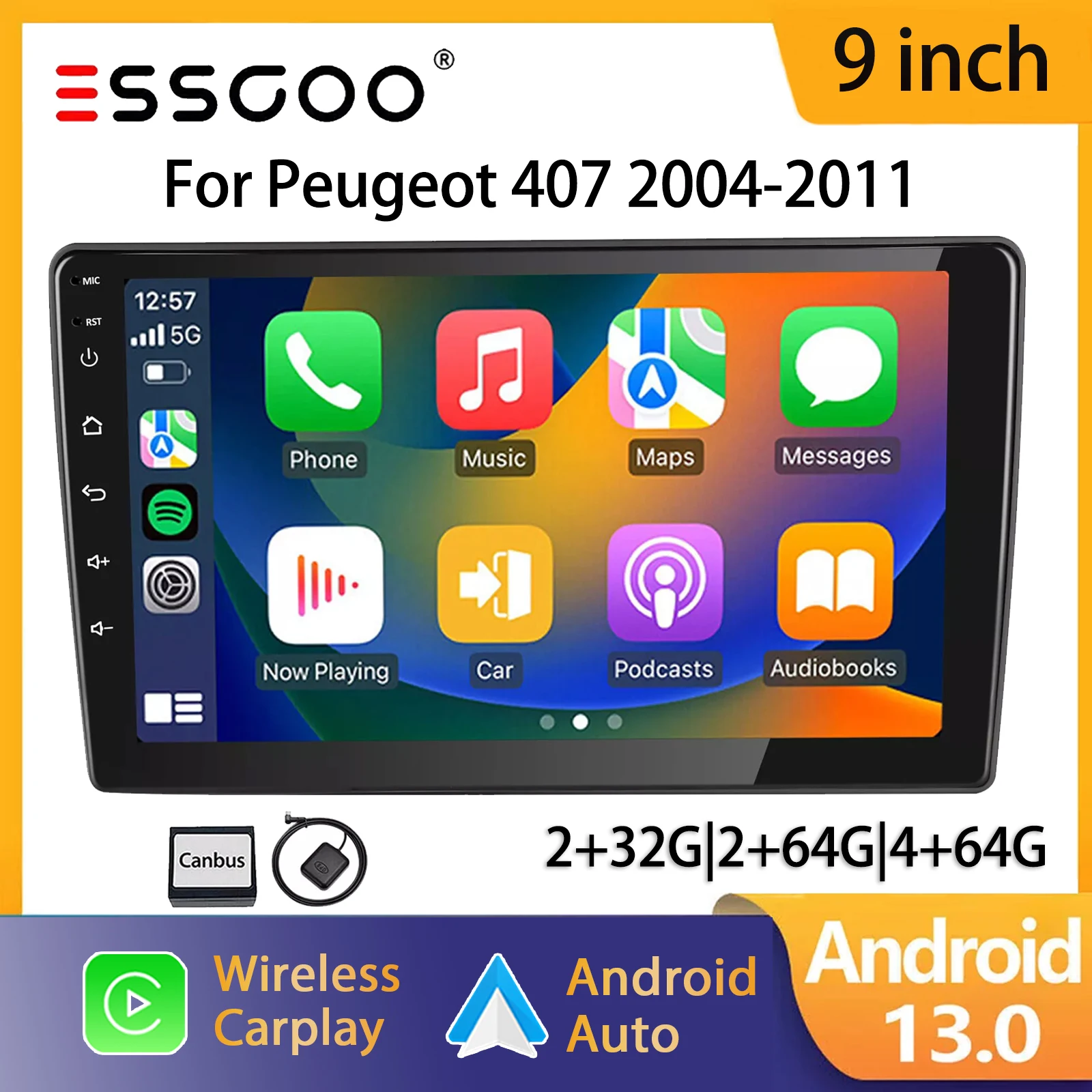 Essgoo 9" Touchscreen 2 DIN Kabelloses CarPlay Android 13 Autoradio Für Peugeot 407 2004-2011