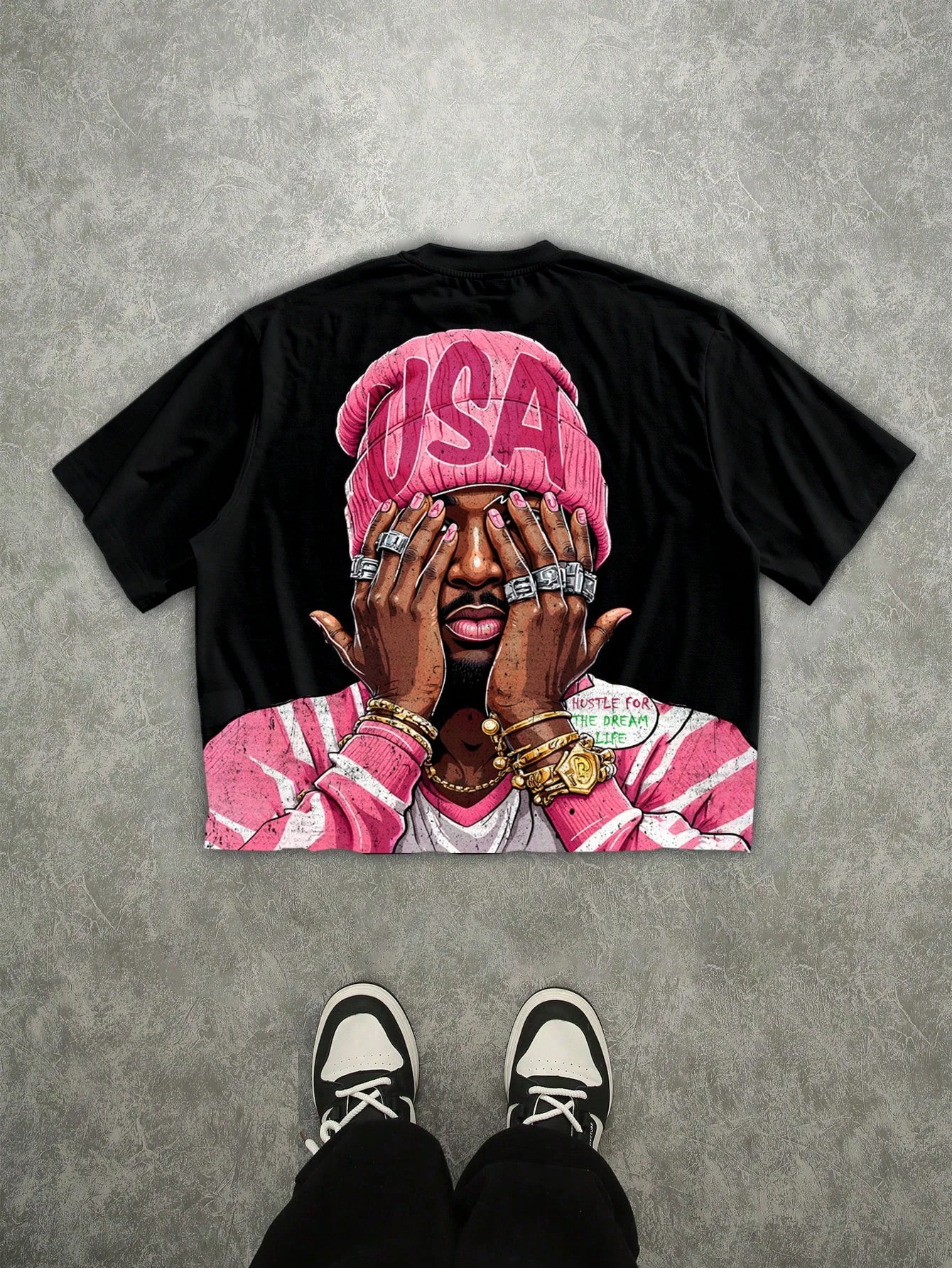 2026 Men Hip Hop Portrait USA Letter Graphic T Shirt Hustle Quote Back Print Streetwear Crewneck Tee