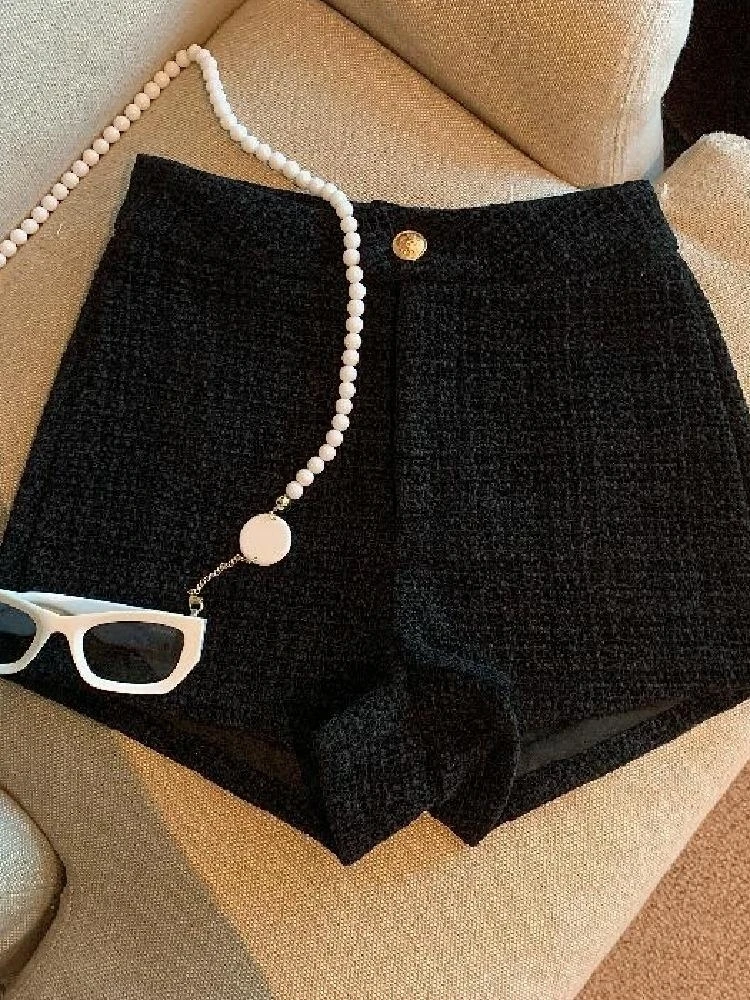 Tweed Shorts Women Korean High Waist Wide Leg Shorts Office Lady Elegant White Black Autumn Winter Casual All Match Short Pants
