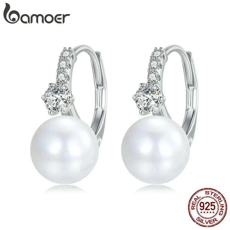 

Серьги-кольца Bamoer из стерлингового серебра 925 пробы с жемчугом и блестящим цирконом, пряжка для ушей для женщин, ювелирные изделия, вечерние, модный подарок на день рождения