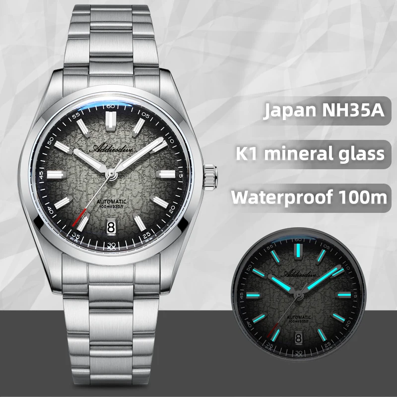 

Часы ADDIESDIVE, новые часы AD2091, платье с градиентным циферблатом, мужские автоматические механические часы с пузырьковым зеркалом, водонепроницаемые, BGW9, светящиеся