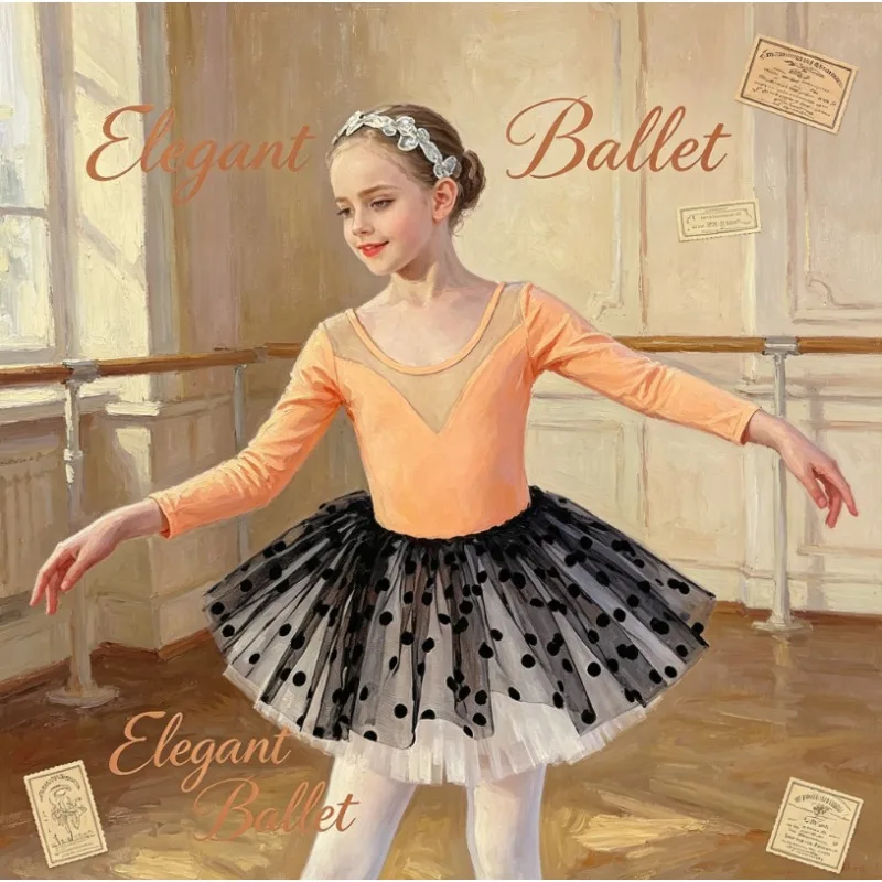 Orange Long Sleeve Girls Dance Costume Autumn Kids  Ballet Dance Training Split Ballet Tutu Toddler Stage Practice Dance Wear view 3
