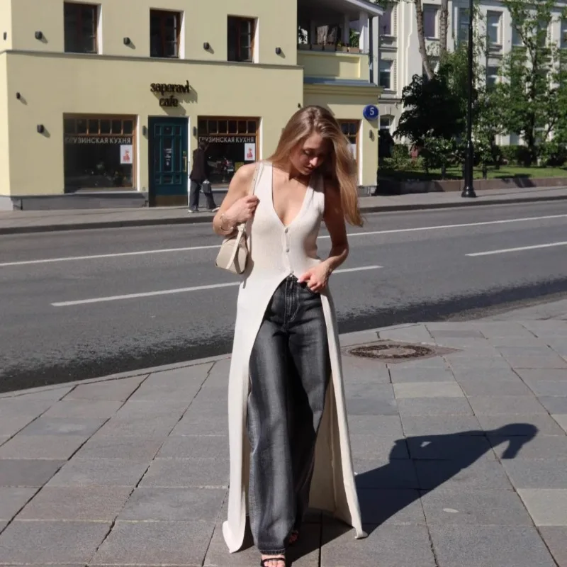 

European American Women Sexy Slim Knit Cardigan Summer Long 3 Button Solid Vest 2025 New Dress