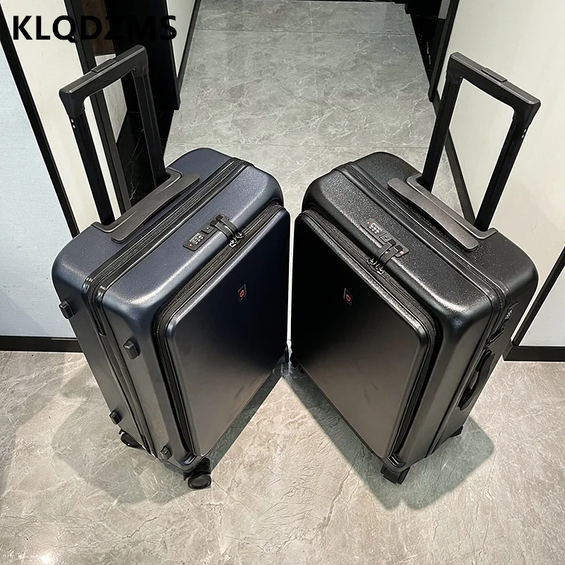 KLQDZMS PC Luggage Front Opening Laptop Trolley Case 20 Inch Boarding Box Men's USB Charging Password Box Women's 24 Suitcase