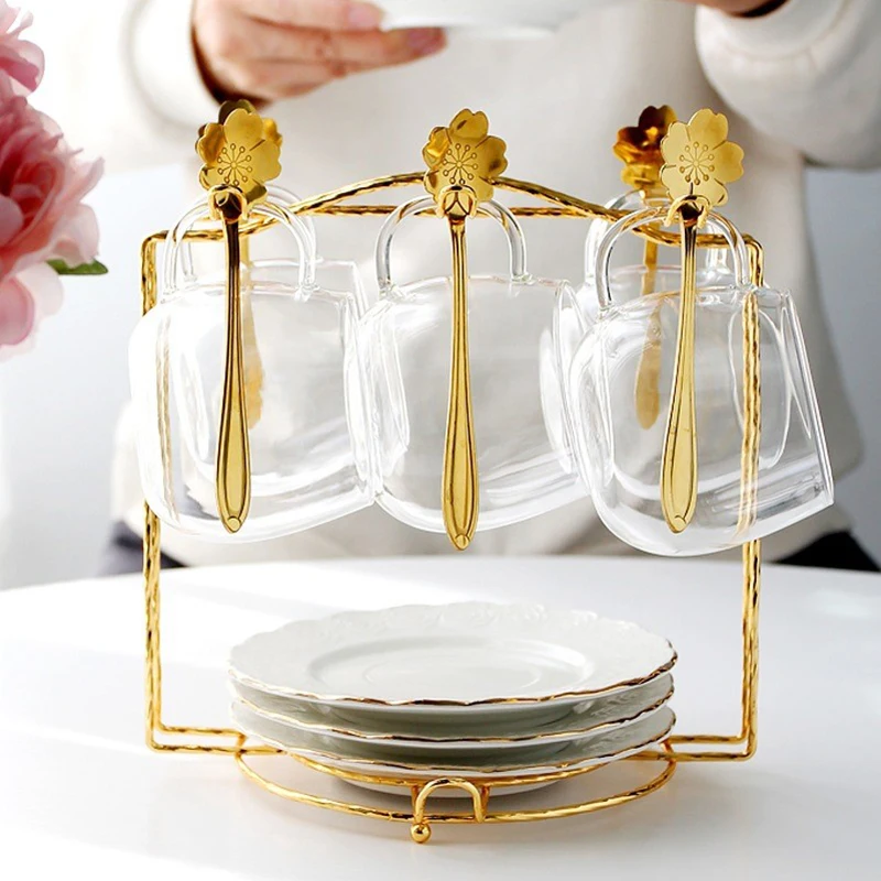 Coffee Cup And Saucer Display Rack Hold 6 Coffee Cups And 6 Plates Kitchen Draining Rack Durable Modern Mug Stand For Countertop