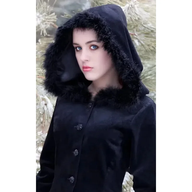 MN1 Vintage Halloween Renaissance Medieval Clothes Costume Womens Dress Hooded Maxi Trench Coat Cosplay Outwear Plus Carniva8/yG