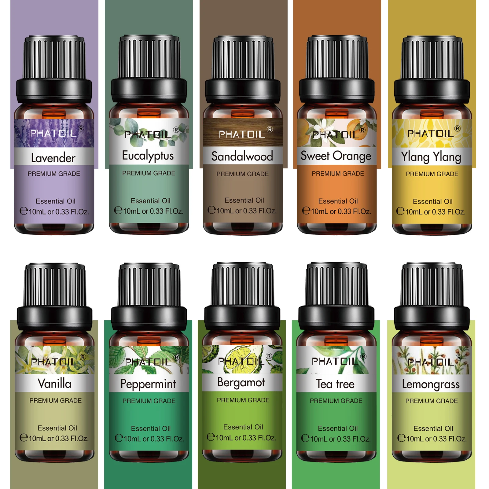 PHATOIL 10pcs Essential Oils Set-10ml Pure Natural Aromatherapy Oils for Diffuser,Massage,Spa,DIY Soap Crafts & Home Fragrance