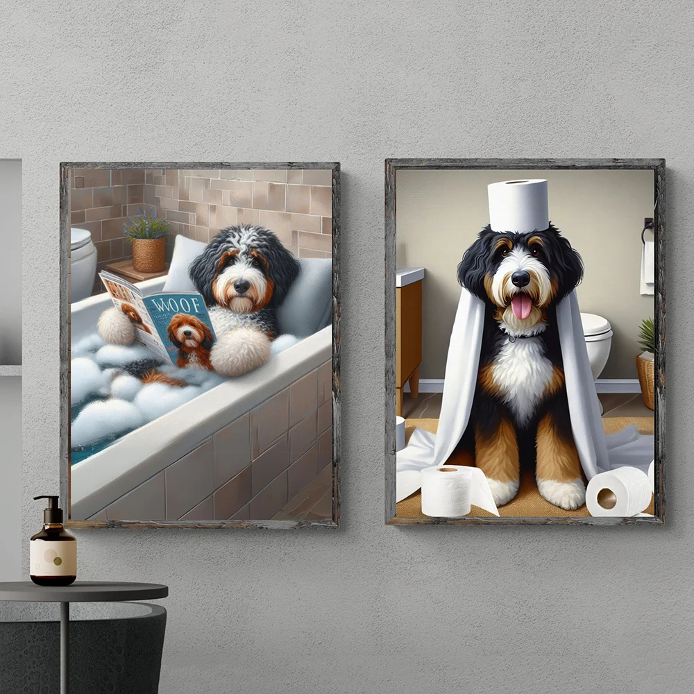 Funny Animals Dog in Bath Reading a Newspaper Prints Bernedoodle Toilet Paper Roll Wall Decor Pictures Bathroom Wall Posters