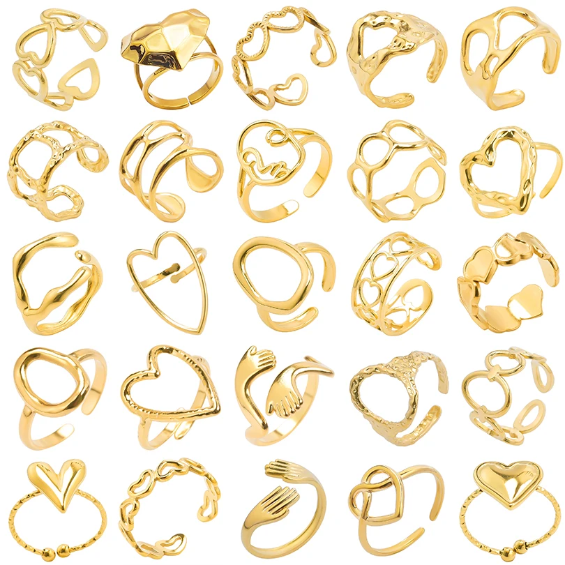 Abstract Hollow Irregular Open Adjustable Stainless Steel Rings Gothic Irregular Geometric Hammered Heart Lover Jewelry Rings