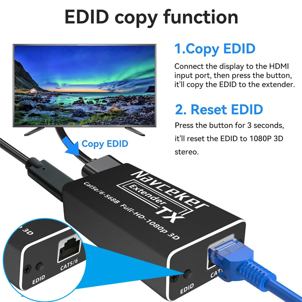 Navceker 60m HDMI Extender POC 1080P 3D HDMI Extender No Loss EDID RJ45 to HDMI Extender Transmitter Receiver over Cat5e/Cat6