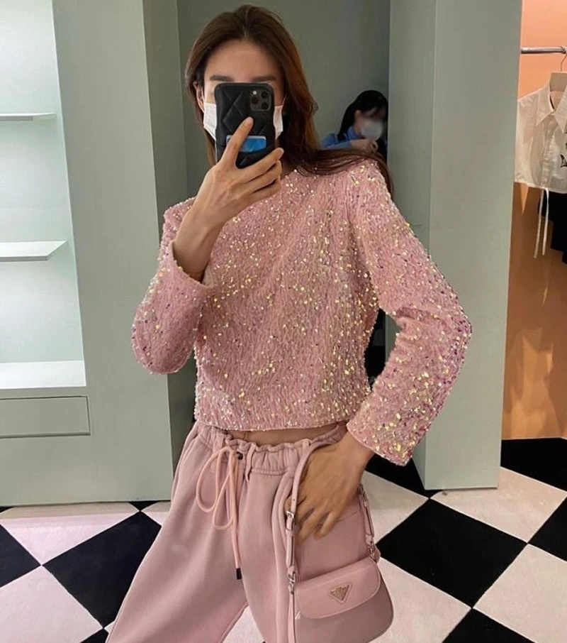  Glittering Short Jacket Heavy Embellishment Zipper Design Shiny Personality Elegant Style Long Sleeve Slim Fit Coat