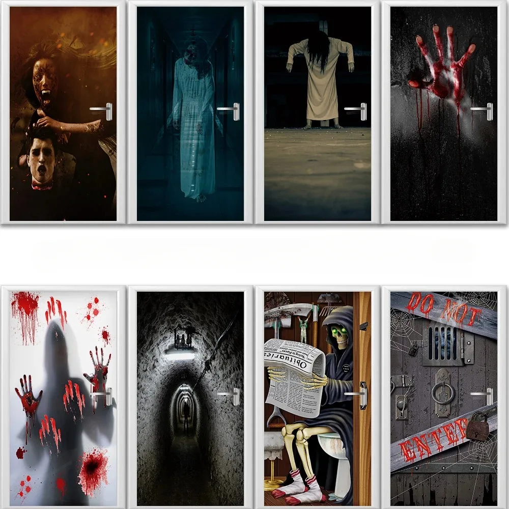 

Terrible Ghost Scary Door Mural Sticker Removable Halloween Gloomy Eerie Blood Fingerprint Home Decoration Door Wrap Cover Decal
