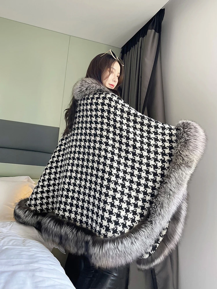 ZADORIN Autumn Winter Luxury Faux Fur Coat Women Elegant Houndstooth Tweed Warm Big Poncho Fur Shawl Cape Women Party Outerwear