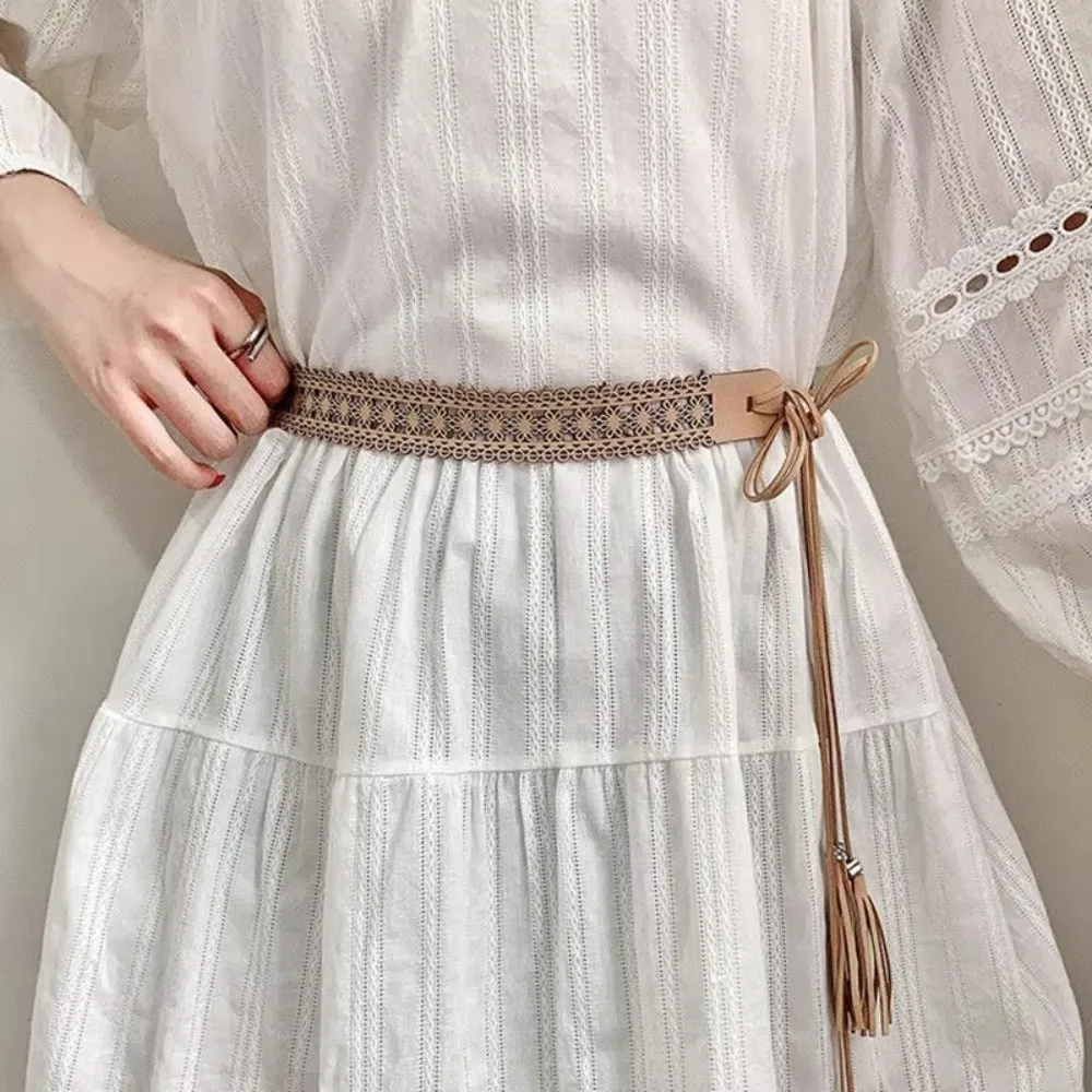 Retro Bohemian Long Tassel Braided Belt Rope Knotted Woven Decorative Straps Hollow Pattern Waist Belts For Women Lady