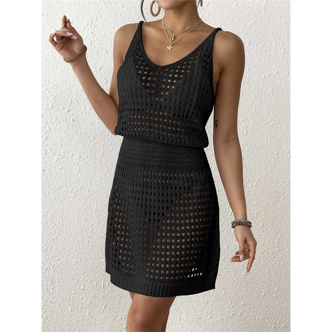 S - XL V-Ausschnitt, ausgestelltes, gehäkeltes Strick-Tunika-Strandkleid, Strandkleid, Mini-Strandkleid, Strandmode, Damen, V7048 – Detail 25