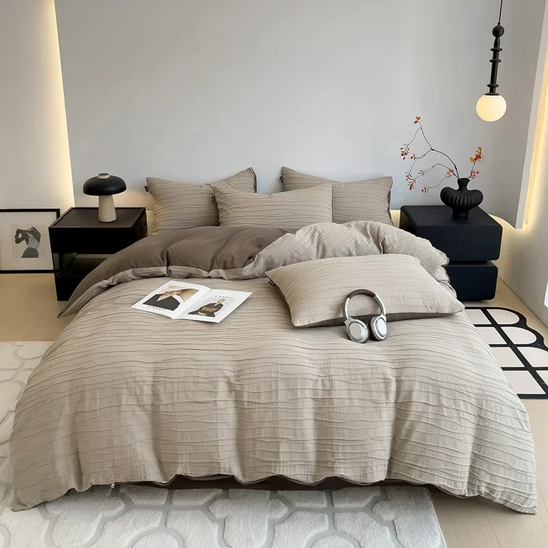 100% Cotton Washed Wrinkled Yarn Bedding Set Soft Skin-friendly Duvet Cover Set with Sheets Breathable Quilt Cover Pillowcases
